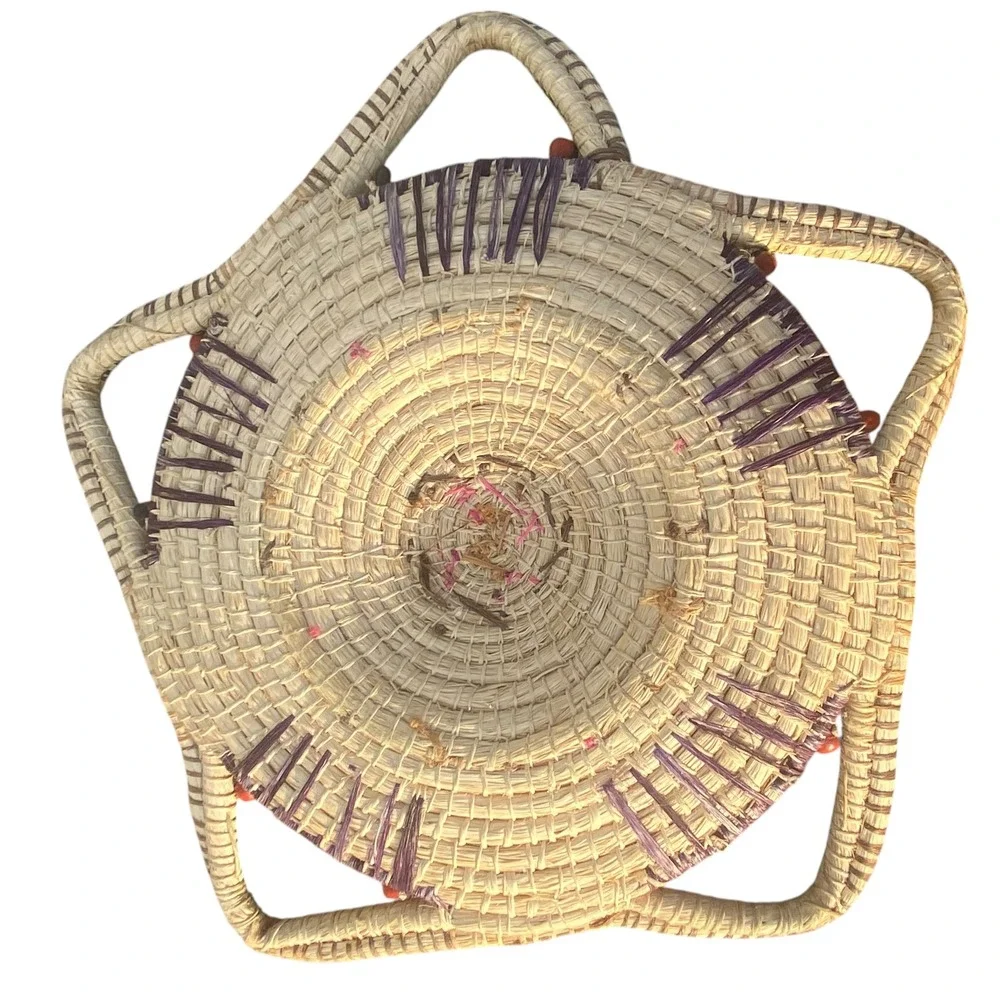 Handcrafted Woven Grass Star Basket Sunburst Wall Decor Boho Fiber Art Beads 14